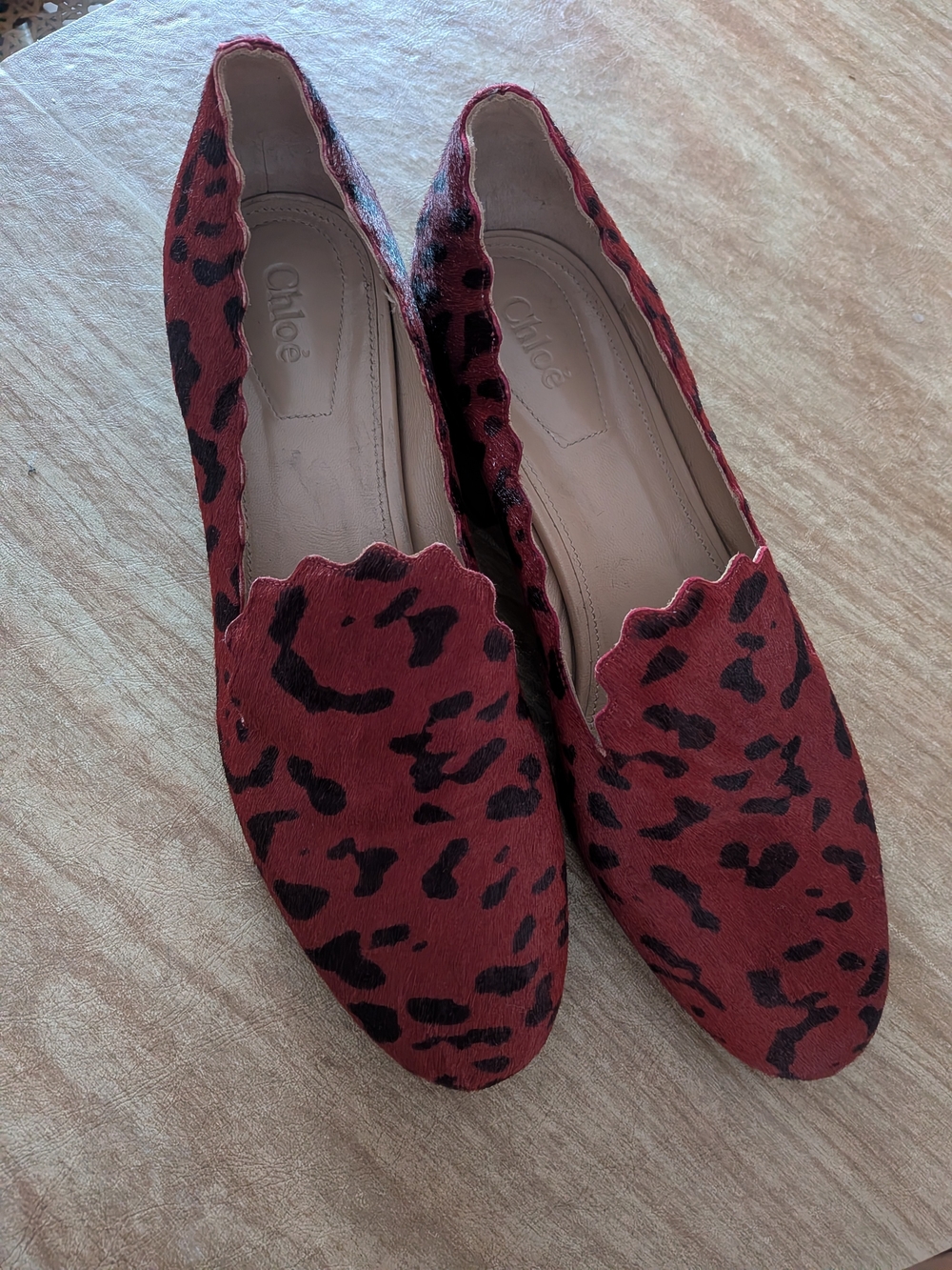 Chloe Red and Black Leopard-Print Scalloped Loafers